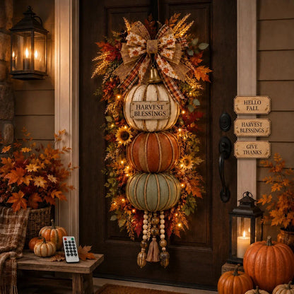 🔥 Limited-Time 50% OFF✨🏡🎃Lighted Stacked Pumpkin Fall Door Decor with 3 Seasonal Plaques