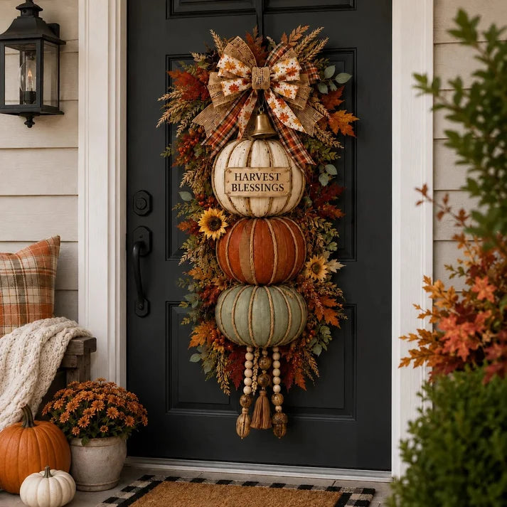 🔥 Limited-Time 50% OFF✨🏡🎃Lighted Stacked Pumpkin Fall Door Decor with 3 Seasonal Plaques
