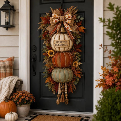 🔥 Limited-Time 50% OFF✨🏡🎃Lighted Stacked Pumpkin Fall Door Decor with 3 Seasonal Plaques
