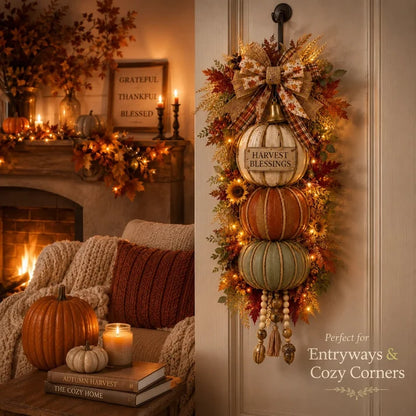 🔥 Limited-Time 50% OFF✨🏡🎃Lighted Stacked Pumpkin Fall Door Decor with 3 Seasonal Plaques