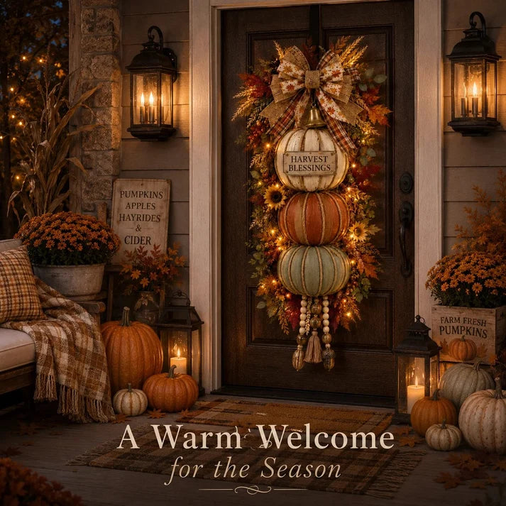 🔥 Limited-Time 50% OFF✨🏡🎃Lighted Stacked Pumpkin Fall Door Decor with 3 Seasonal Plaques