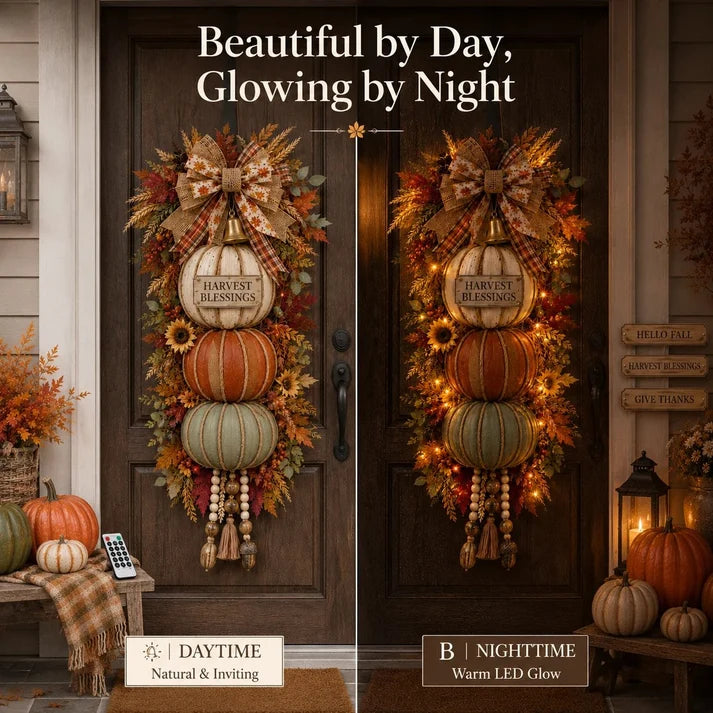 🔥 Limited-Time 50% OFF✨🏡🎃Lighted Stacked Pumpkin Fall Door Decor with 3 Seasonal Plaques
