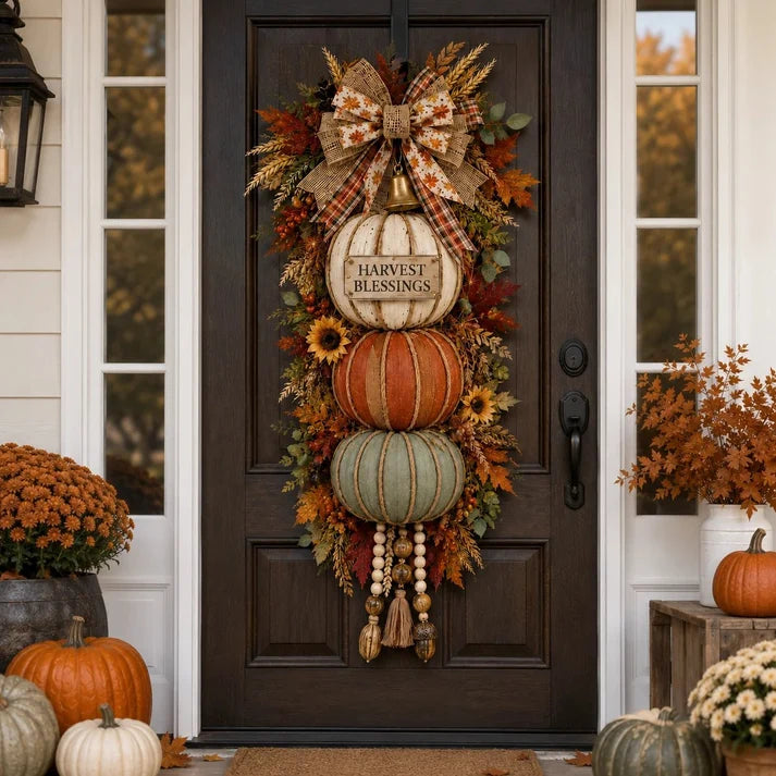 🔥 Limited-Time 50% OFF✨🏡🎃Lighted Stacked Pumpkin Fall Door Decor with 3 Seasonal Plaques