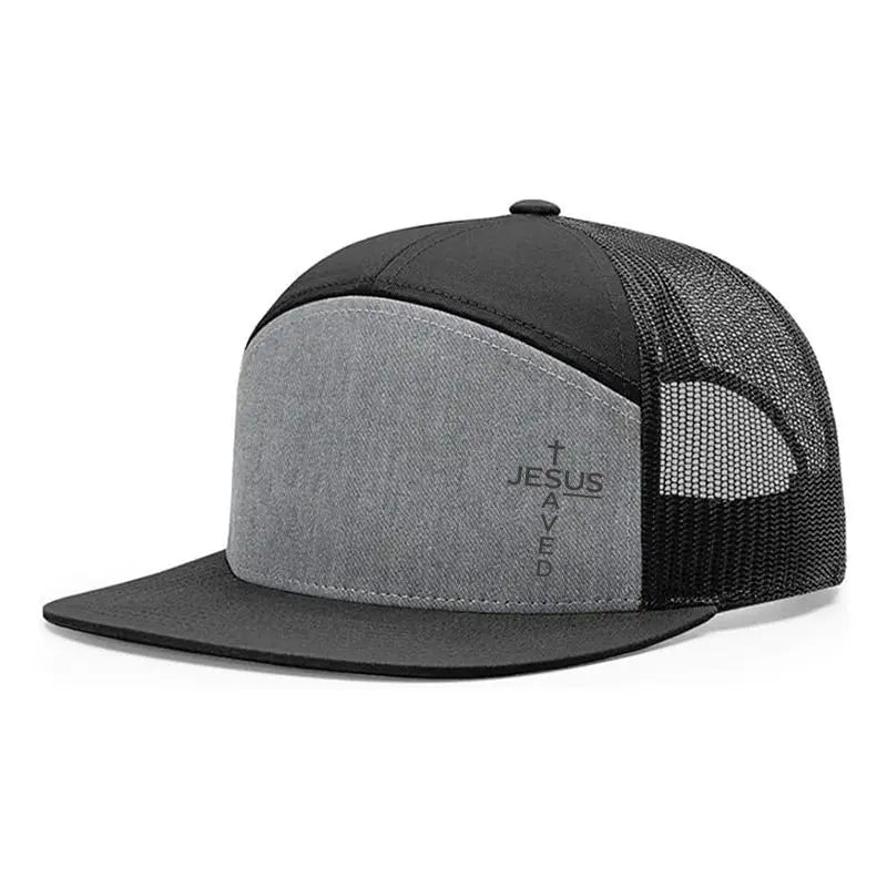 Unisex Printed Cross 'Jesus Saved' Flat Bill Trucker Hat - Color Block, Breathable Mesh