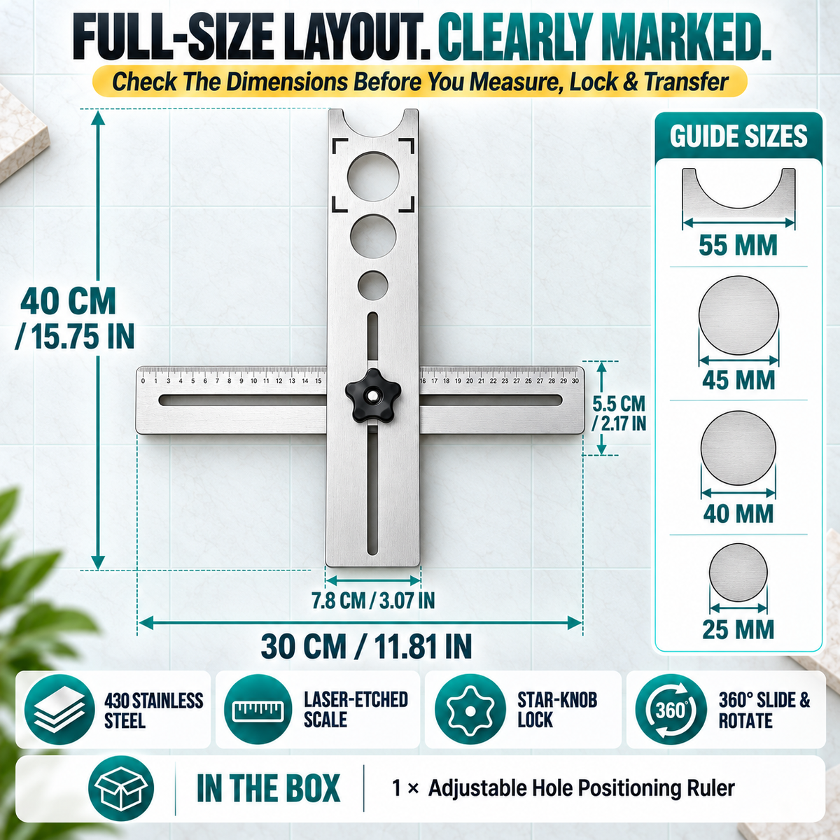 📏40CM Adjustable Stainless Steel Tile Hole Positioning Ruler📐