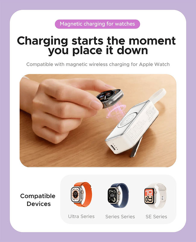 🔋3-in-1 Power Bank – Integrated Cable & Foldable Wall Plug – Wireless Watch Charger for iPhone & Android ✈️