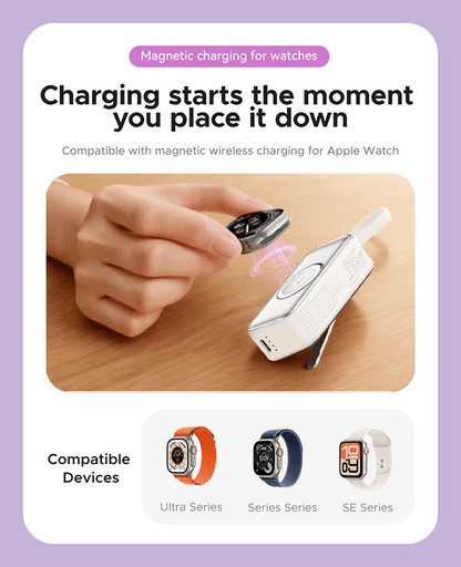 🔋3-in-1 Power Bank – Integrated Cable & Foldable Wall Plug – Wireless Watch Charger for iPhone & Android ✈️