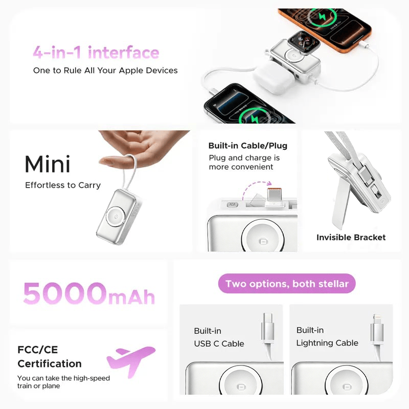🔋3-in-1 Power Bank – Integrated Cable & Foldable Wall Plug – Wireless Watch Charger for iPhone & Android ✈️