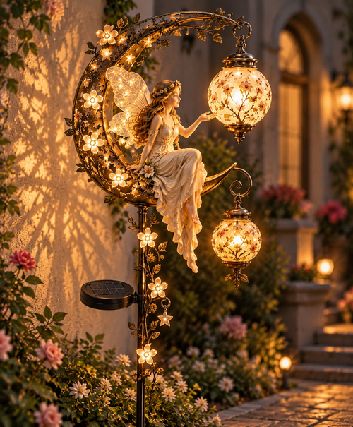 🌙 Solar Fairy Moon Garden Stake Light – Enchanted Floral Lantern Outdoor Décor