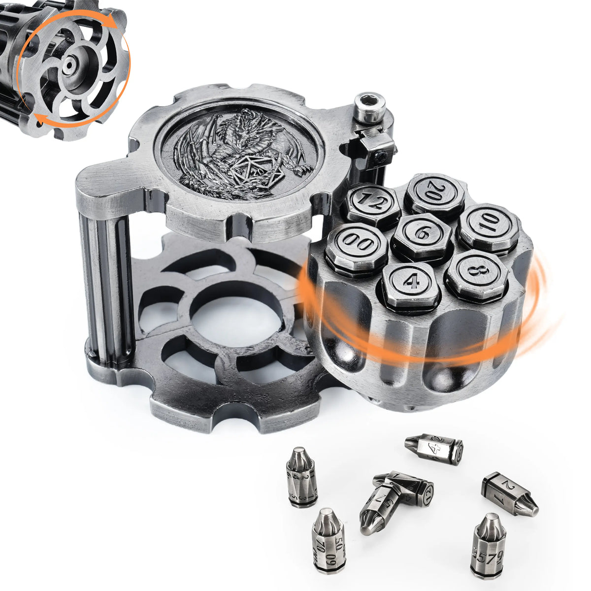 7PCS Metal Revolver Dice Set - Bullet-Design Polyhedral Game Pieces with Industrial Look, Premium Accessory for Tabletop Play RPG Games, Gift for Players