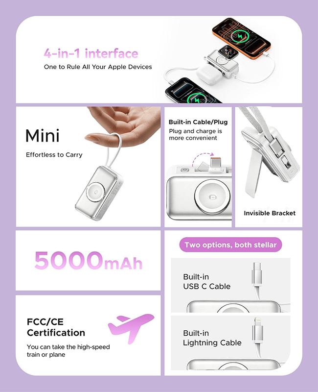 🔋3-in-1 Power Bank – Integrated Cable & Foldable Wall Plug – Wireless Watch Charger for iPhone & Android ✈️