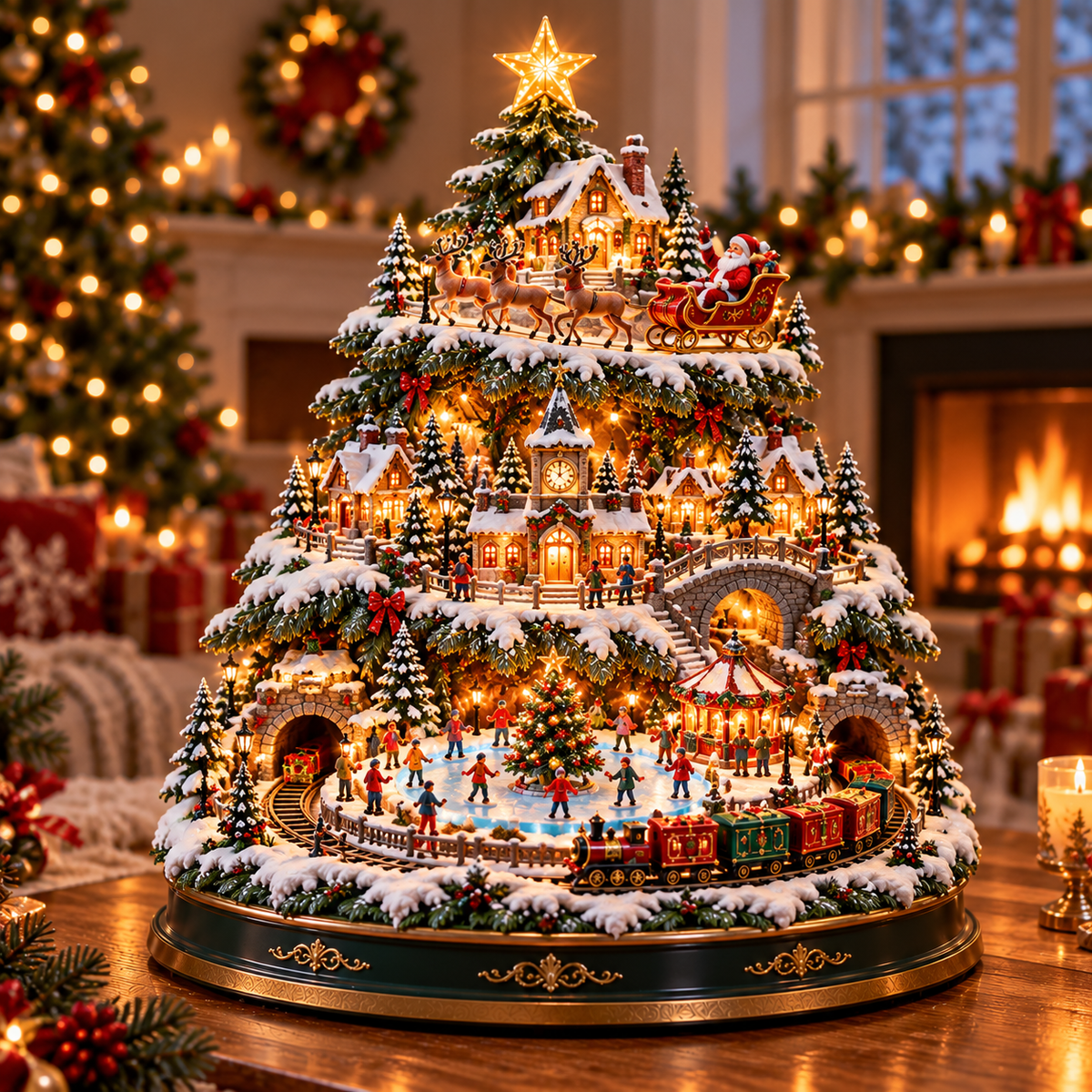 🔥LAST DAY 49% OFF🎄 Lighted 3-Tier Christmas Village Tree – Magical Holiday Tabletop Decor