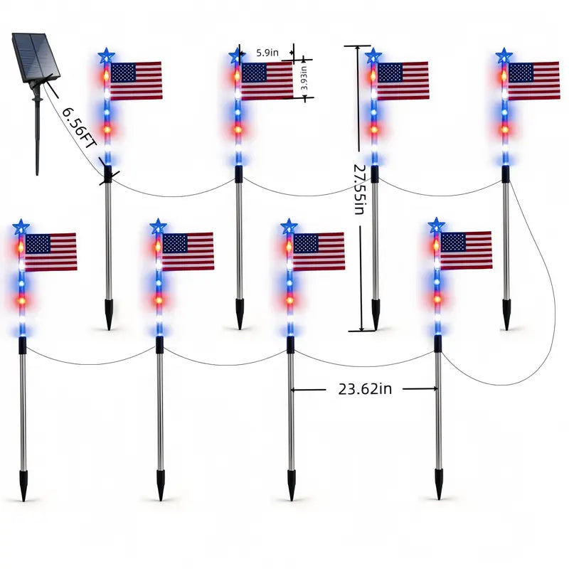 🤩🤩8-Piece Flag Light Set – 4th of July Decorations with 8 Lighting Modes – Ideal for Independence Day Pathways, Gardens, and Yard Decor