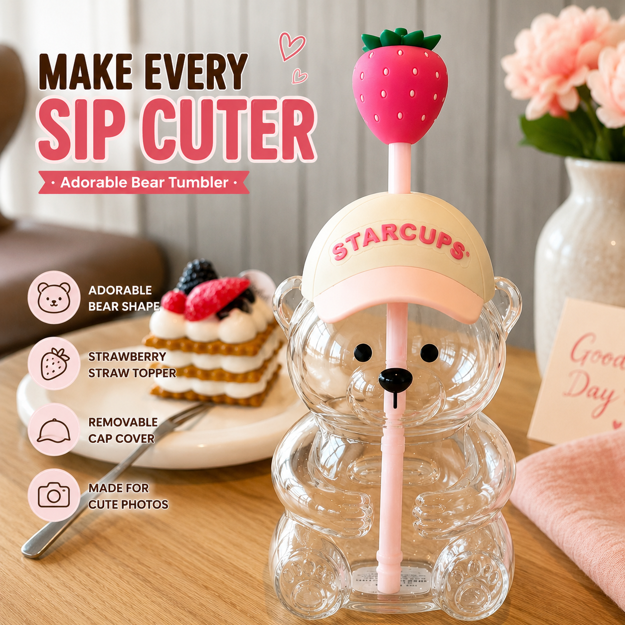 🔥 TODAY 49% OFF🐻Cute Teddy Bear Glass Tumbler with Bear Lid & Strawberry Straw – 20oz Reusable Cup
