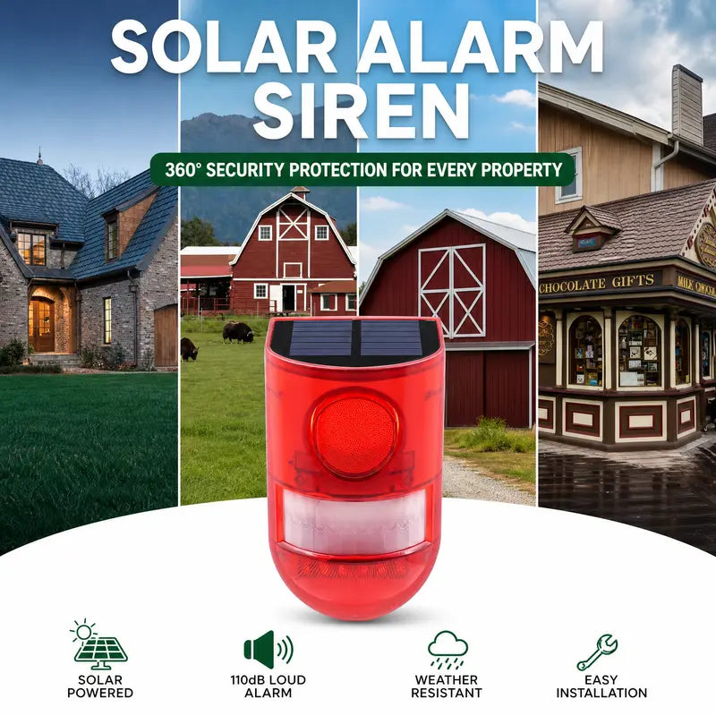 🚨 129dB Solar Motion Sensor Alarm – Loud Siren & Flashing LED Security Alert