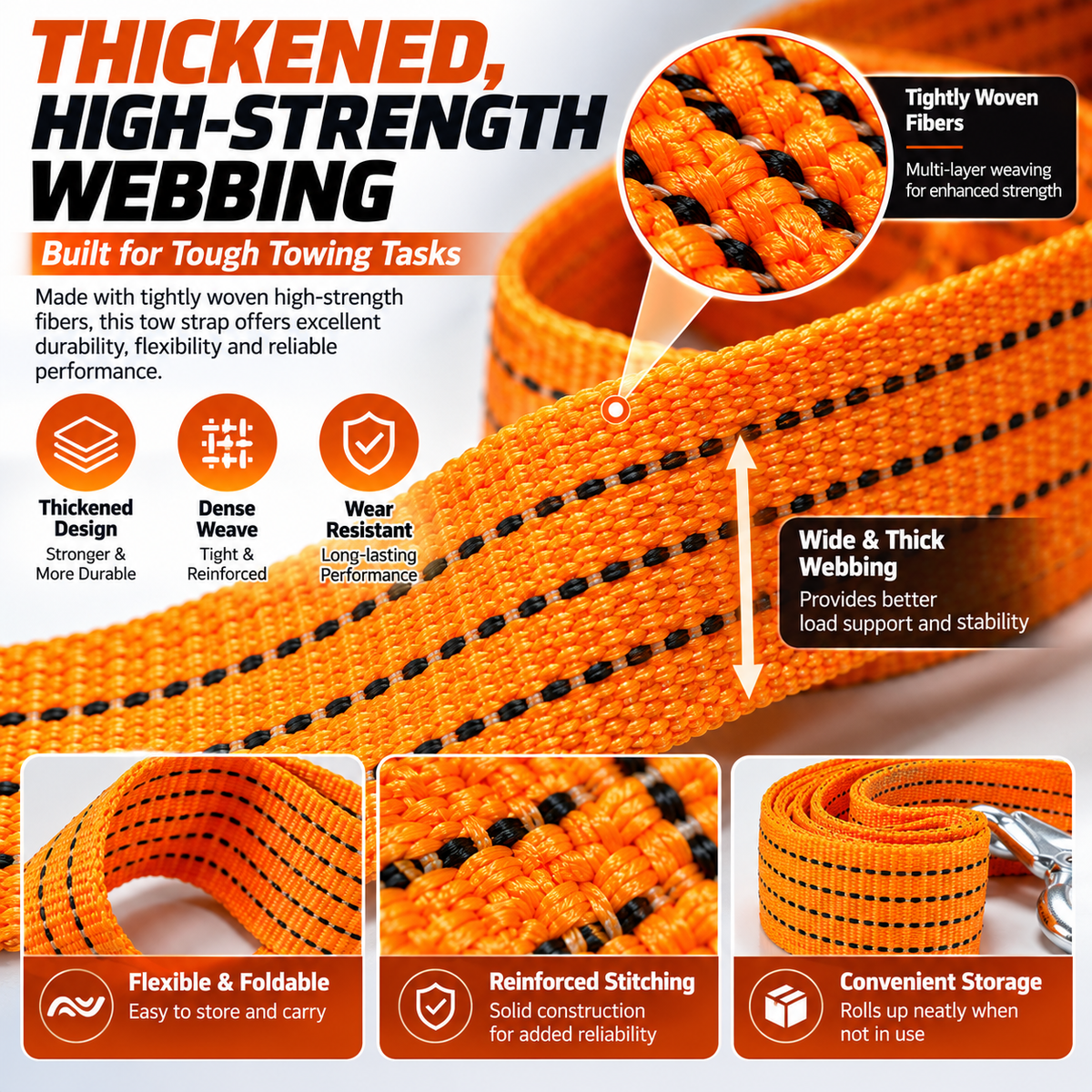 🚗 Heavy-Duty Tow Strap with Metal Hooks – Thickened High-Strength Vehicle Towing Rope
