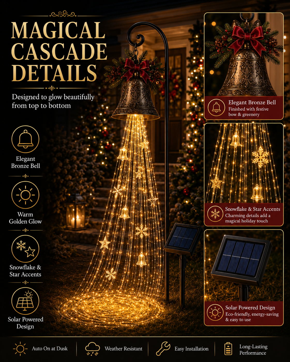 🎄 Christmas Bell Cascade Solar Lights✨ Create a Magical Holiday Glow