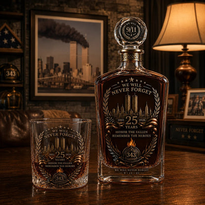 🕯️ 9/11 25th Anniversary Memorial Whiskey Decanter & Glass Gift Set – We Will Never Forget 343 Heroes Tribute