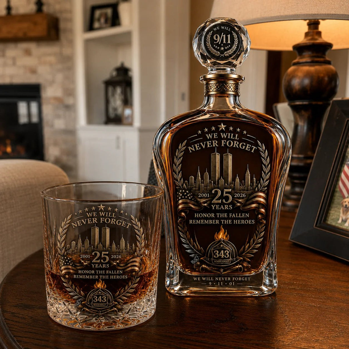 🕯️ 9/11 25th Anniversary Memorial Whiskey Decanter & Glass Gift Set – We Will Never Forget 343 Heroes Tribute