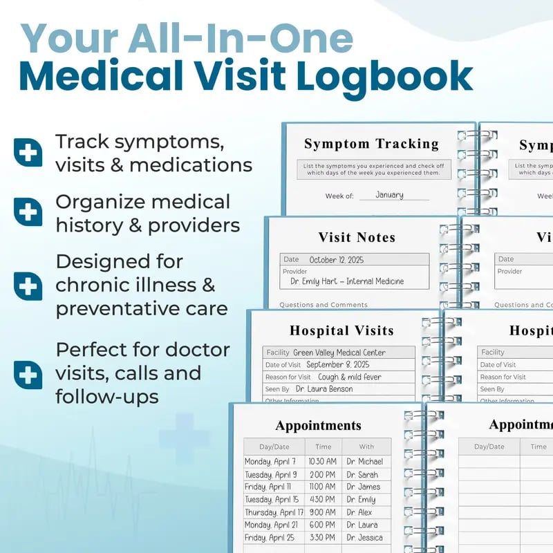 📚Medical Visit Logbook: Your Essential Medical Planner | Vegan Leather Hardcover, Pen Holder & Durable Spiral Binding