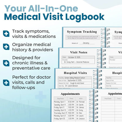 📚Medical Visit Logbook: Your Essential Medical Planner | Vegan Leather Hardcover, Pen Holder & Durable Spiral Binding