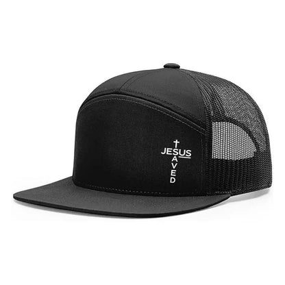 Unisex Printed Cross 'Jesus Saved' Flat Bill Trucker Hat - Color Block, Breathable Mesh