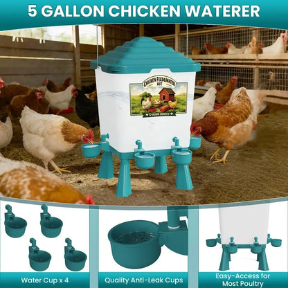 🐔 42LB Chicken Feeder & 5 Gal Waterer Set – No-Waste Auto Poultry Feeder with Cups – Complete Coop Kit 💧