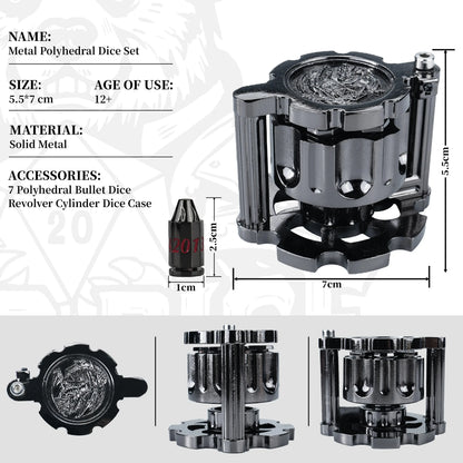7PCS Metal Revolver Dice Set - Bullet-Design Polyhedral Game Pieces with Industrial Look, Premium Accessory for Tabletop Play RPG Games, Gift for Players