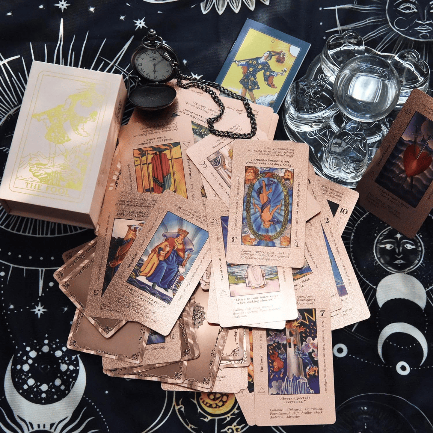 Witchy Cauldron Rose Gold Tarot Cards with Guide Book Waterproof Wrinkle Resistant Foil Tarot Deck for Beginners Includes Chakras Planets Zodiac Signs Elements & Affirmations