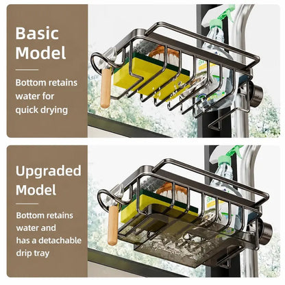 Sink Organizer Rack,Hanging Faucet Drain Rack with Drip Tray Stainless Steel Detachable Sink Faucet Sponge Holder Over Faucet for Kitchen and Bathroom,Scrubbers, Soap,Brush