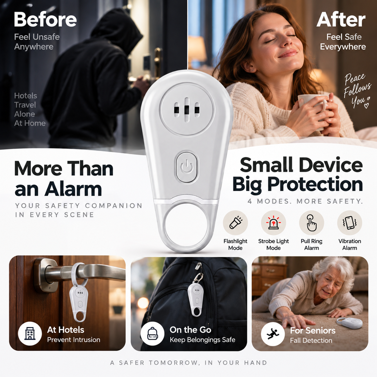 🔥50% OFF NOW! 🛡️Personal Safety Alarm Keychain—130dB Loud Emergency Siren with Vibration Activation Safety Mode, Rechargeable Flashlight & Strobe Light, Pull Ring Emergency Device for Women, Seniors, Travel & Hotel Safety