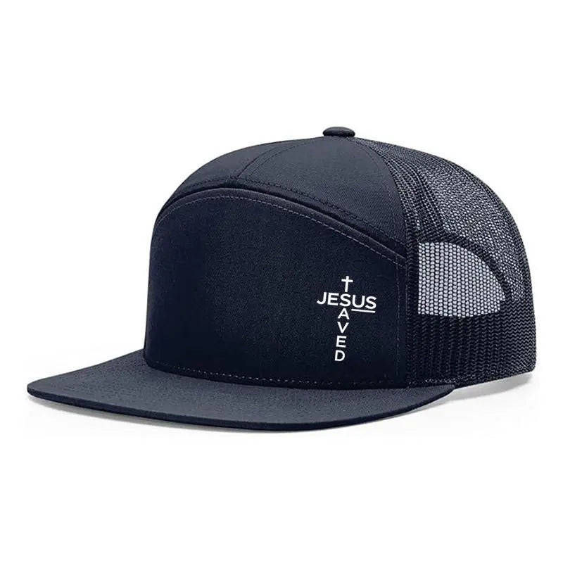 Unisex Printed Cross 'Jesus Saved' Flat Bill Trucker Hat - Color Block, Breathable Mesh
