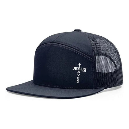Unisex Printed Cross 'Jesus Saved' Flat Bill Trucker Hat - Color Block, Breathable Mesh