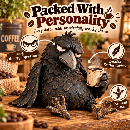 🖤 Rustic Vintage Raven Figurine with Coffee Mug – Grumpy Crow Farmhouse Tabletop Decor