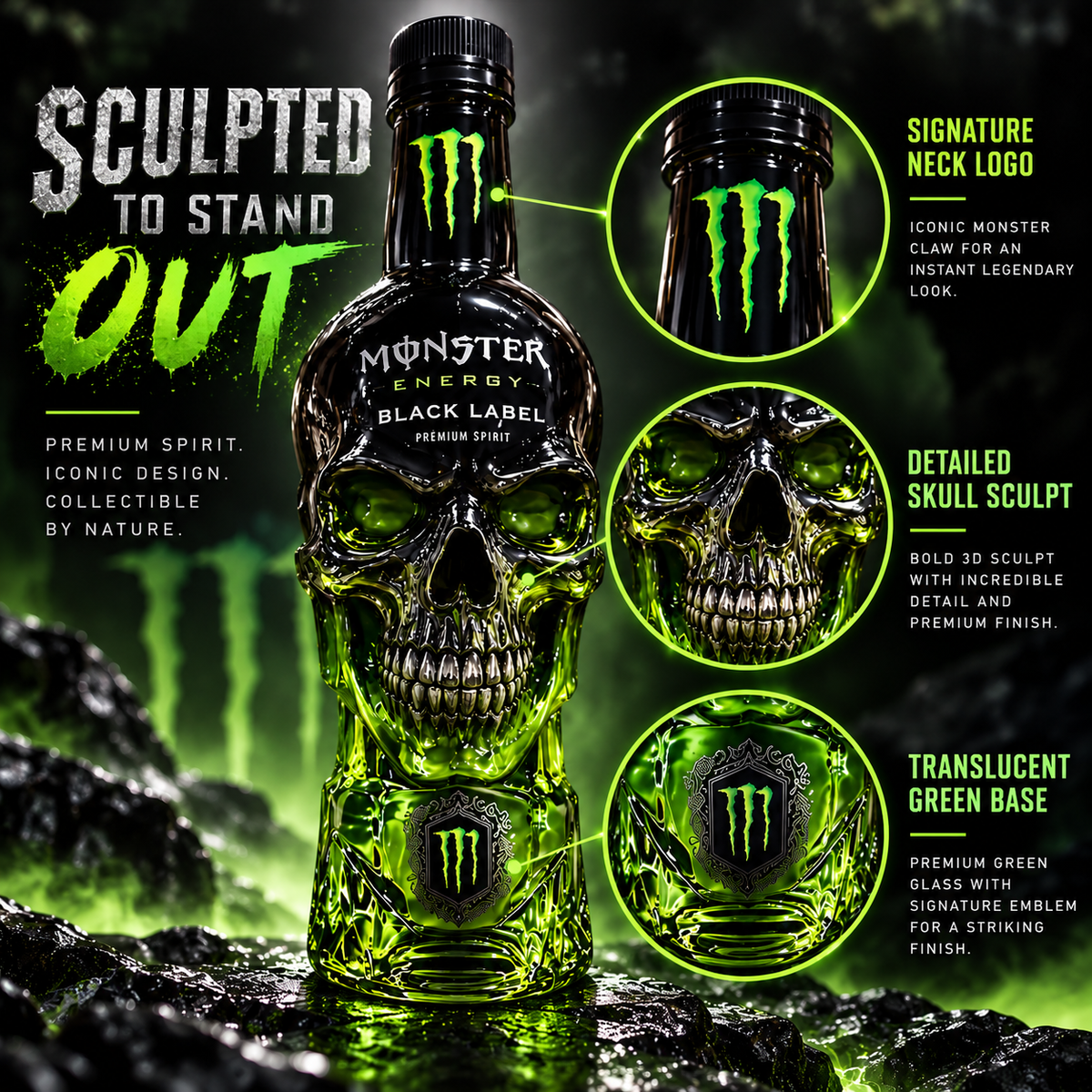 Monster Energy Black Label Skull Bottle 💀💚 | Dark Gothic Design �