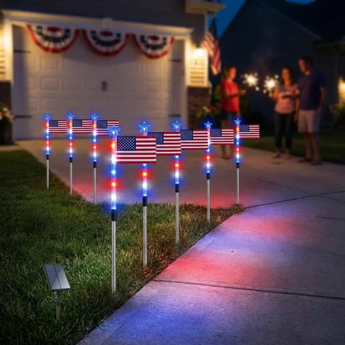 🤩🤩8-Piece Flag Light Set – 4th of July Decorations with 8 Lighting Modes – Ideal for Independence Day Pathways, Gardens, and Yard Decor