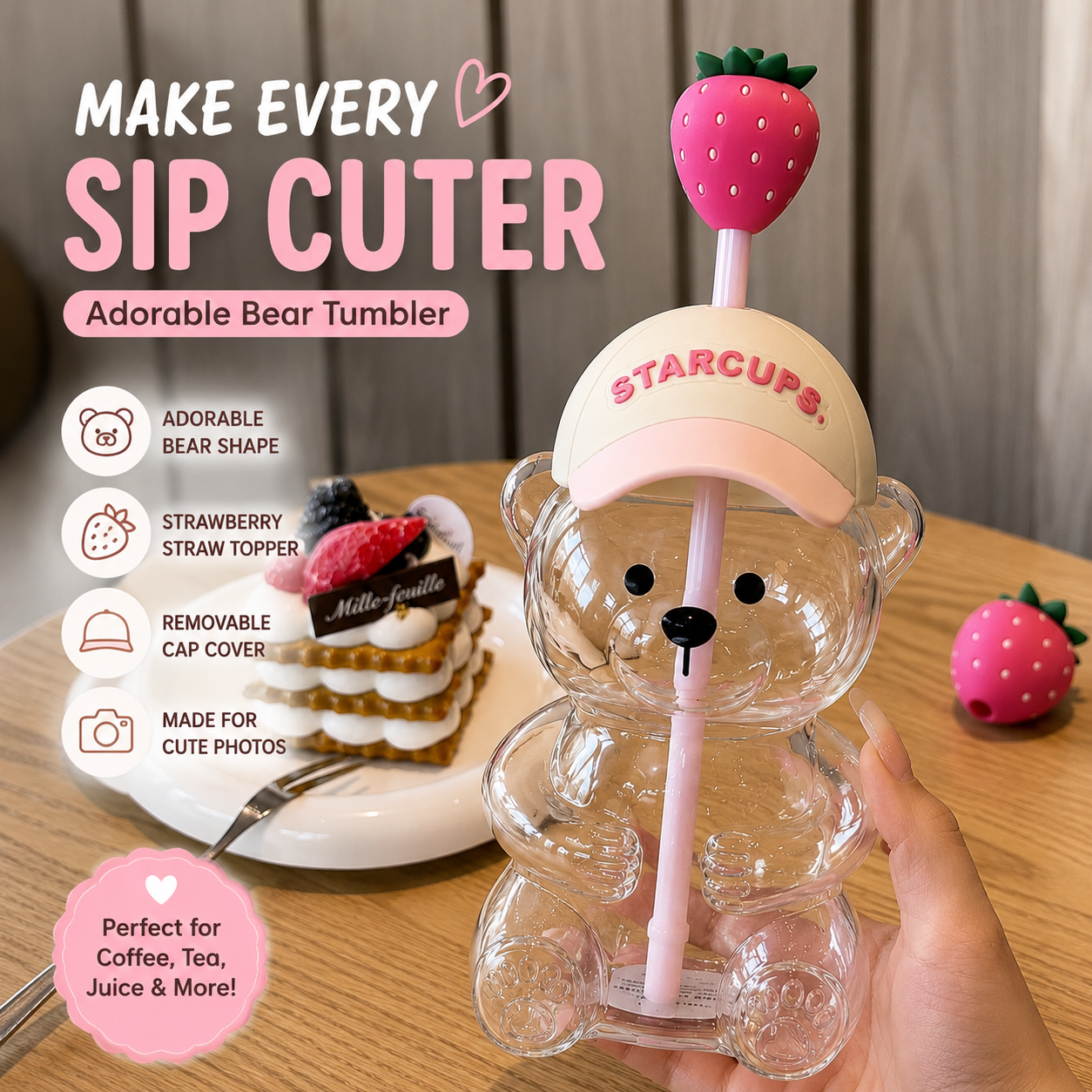 🔥 TODAY 49% OFF🐻Cute Teddy Bear Glass Tumbler with Bear Lid & Strawberry Straw – 20oz Reusable Cup