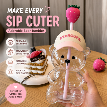🔥 TODAY 49% OFF🐻Cute Teddy Bear Glass Tumbler with Bear Lid & Strawberry Straw – 20oz Reusable Cup