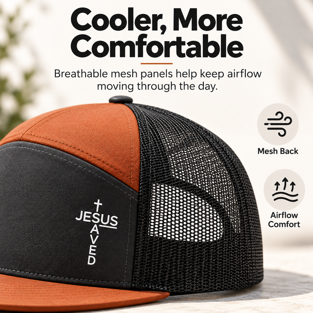 Unisex Printed Cross 'Jesus Saved' Flat Bill Trucker Hat - Color Block, Breathable Mesh