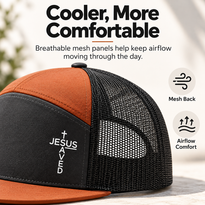 Unisex Printed Cross 'Jesus Saved' Flat Bill Trucker Hat - Color Block, Breathable Mesh