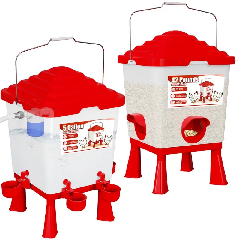 🐔 42LB Chicken Feeder & 5 Gal Waterer Set – No-Waste Auto Poultry Feeder with Cups – Complete Coop Kit 💧