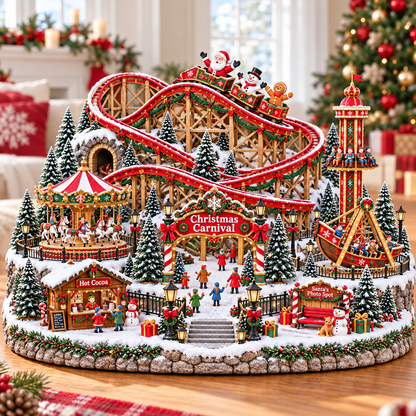 🔥Last Day 50%🎢 Magical Christmas Carnival Village – Animated Roller Coaster & Lighted Holiday Decor