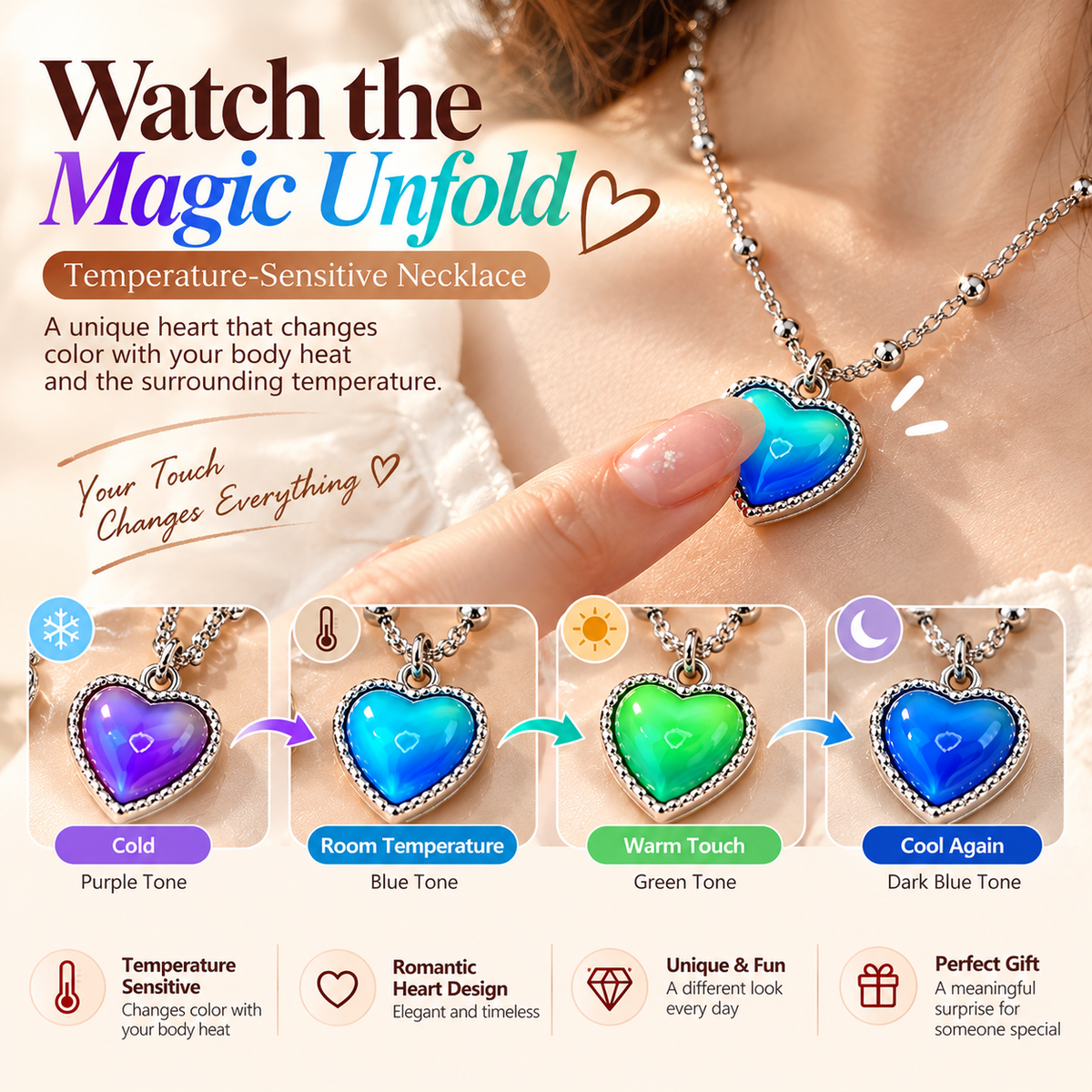 💖 Magic Color-Changing Heart Necklace – Temperature-Sensitive Mood Pendant, A Unique Romantic Gift for Her
