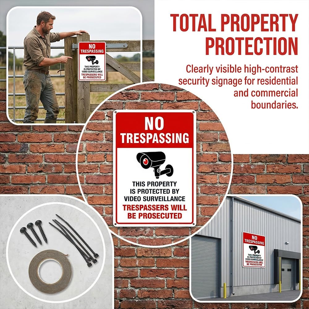 🚫 No Trespassing Video Surveillance Sign 🛡️ UV Printed Rust-Free Aluminum Warning Sign 🌦️ Weatherproof for Home, Business, Gate, Fence, Yard, Driveway & Entry Areas