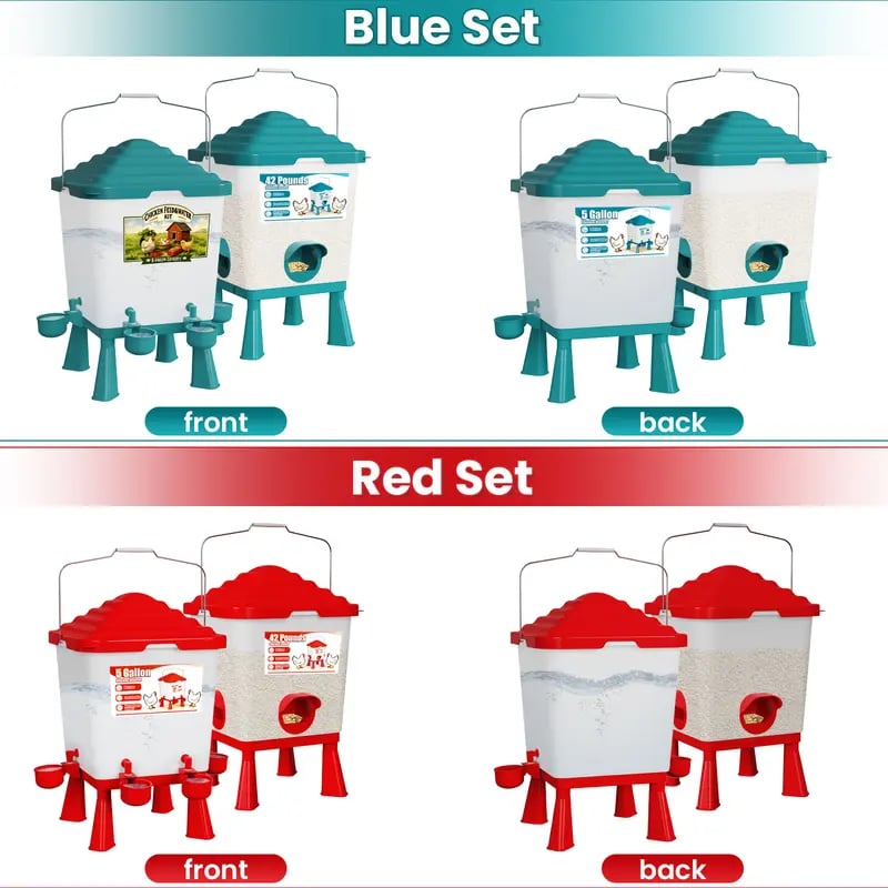 🐔 42LB Chicken Feeder & 5 Gal Waterer Set – No-Waste Auto Poultry Feeder with Cups – Complete Coop Kit 💧