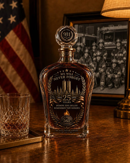 🕯️ 9/11 25th Anniversary Memorial Whiskey Decanter & Glass Gift Set – We Will Never Forget 343 Heroes Tribute