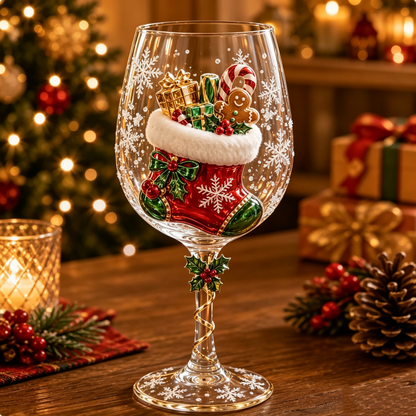 3D Christmas Glass Cup with Raised Holiday Artwork for Festive Drinks