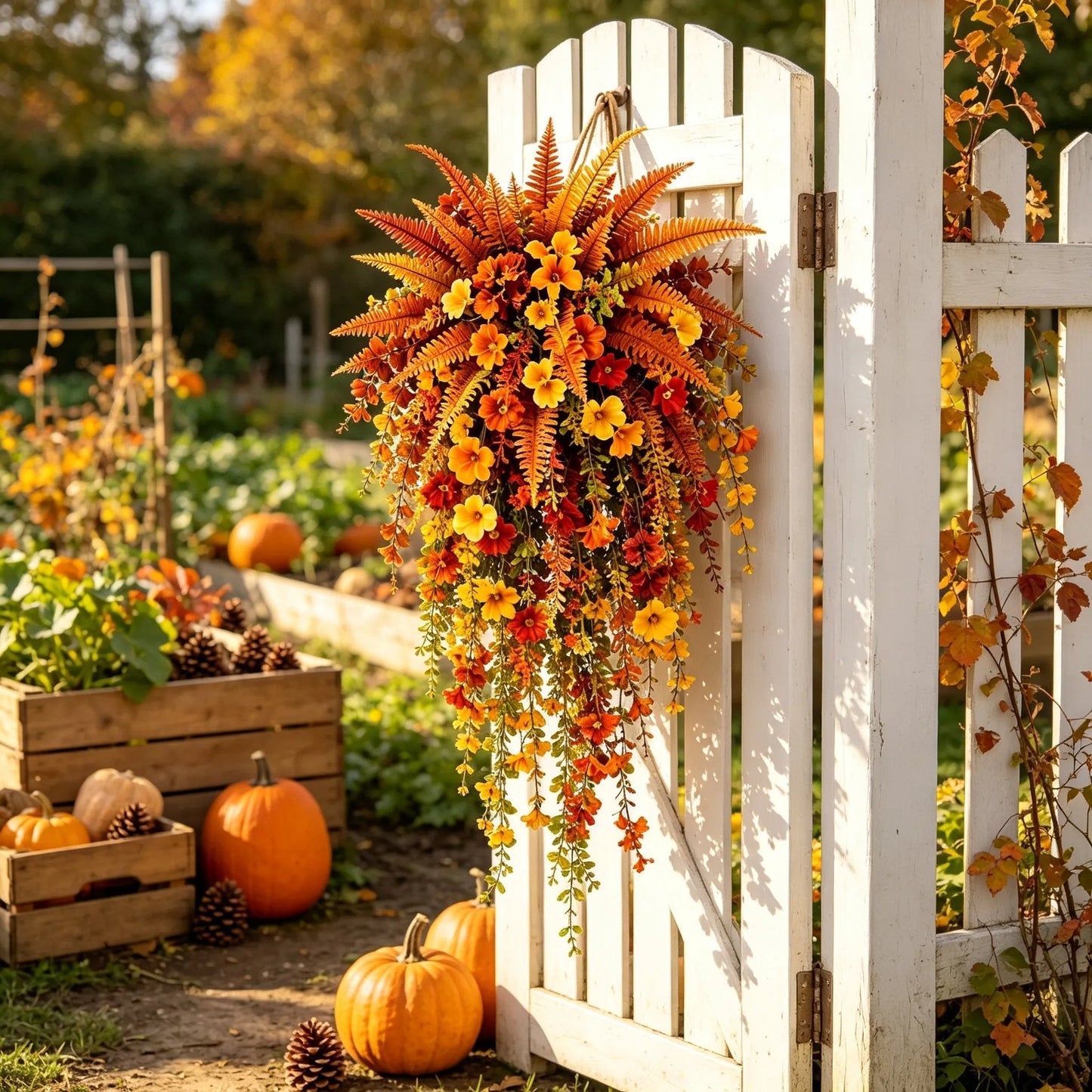 ARTIFICIAL FALL HARVEST HANGING BASKET - AUTUMN PORCH & DOOR DECORATION