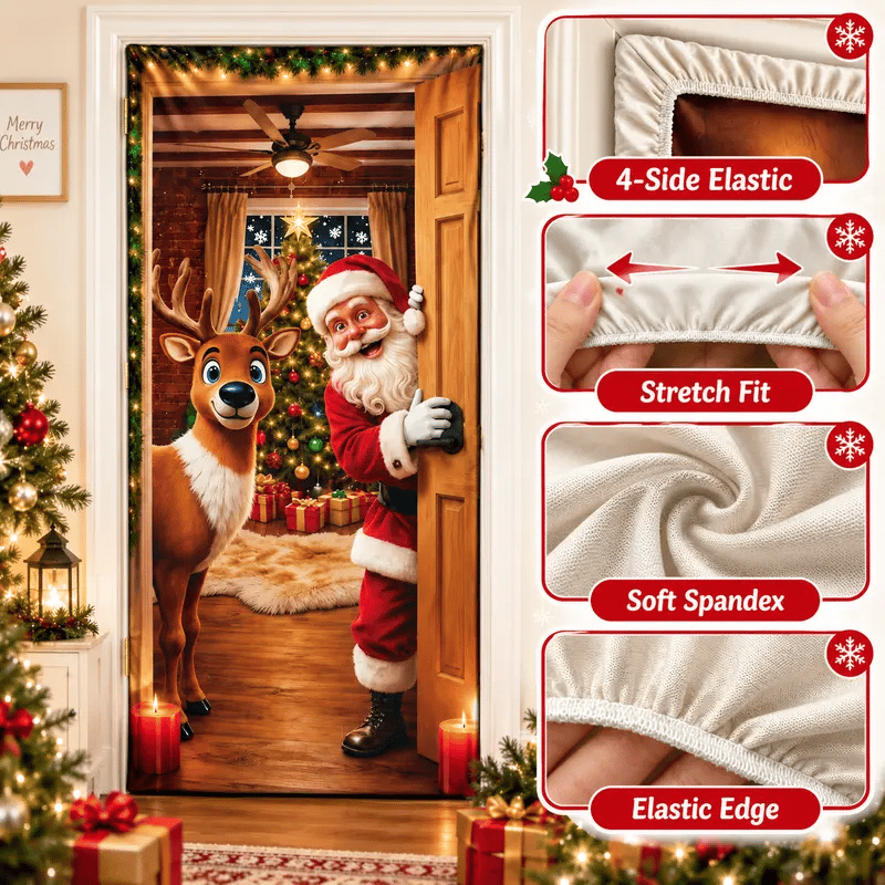 Christmas Door Cover - Stretch Fit Santa & Reindeer Door Decoration