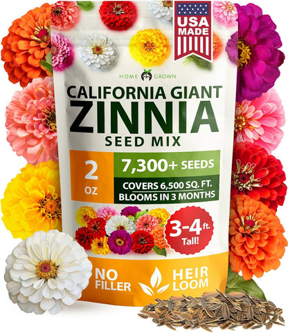 HOME GROWN Zinnia Seeds for 2026 - California Giant Mix - 7,300+ (2 oz) Plant Wildflower Blooms Bulk Seeds for Planting Flowers Outside